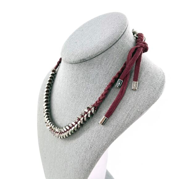 Giles and Brother Tiny Hex Braided Choker Necklace Burgundy Silver Tone - Picture 3 of 5
